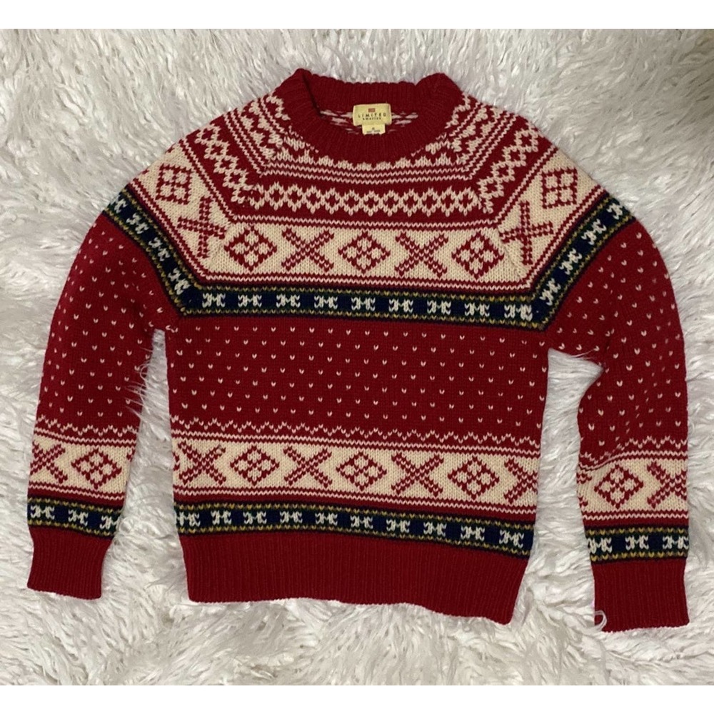VTG Limited America Hand Knit 100% Red Vintage Fairisle Wool Sweater Size Small